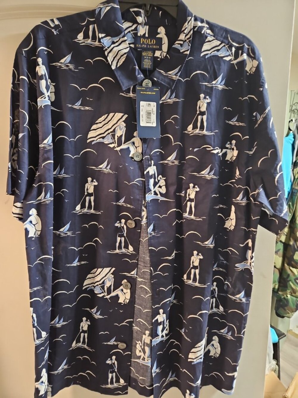 Polo Ralph Lauren Men  Shirt Button Up Woven Surf Print Navy Medium